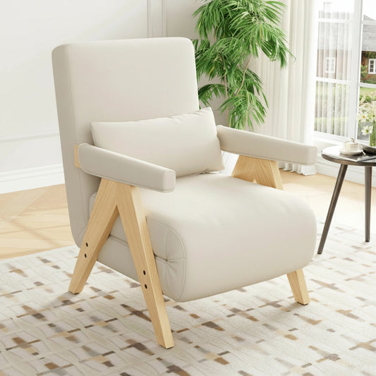 Fauteuil Convertible 3-en-1 en Lin Beige - Dossier Réglable 6 Positions, Coussin Inclus - MODFU 87x64x60cm