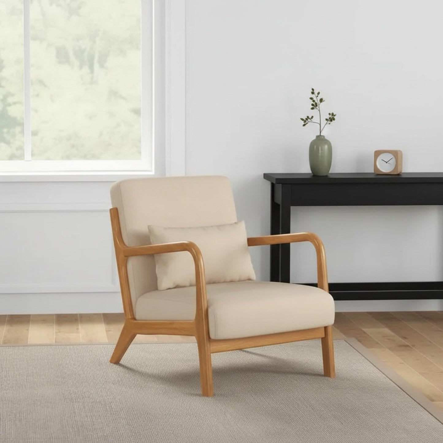 Fauteuil Lounge en Bois d'Hévéa et Velours Beige - Confort et Design Zen (61x78x76cm)