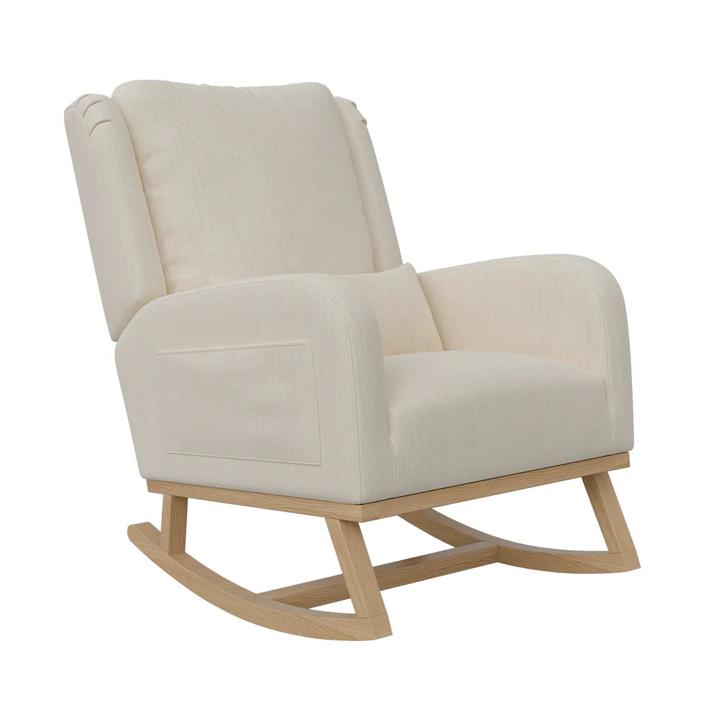 Fauteuil à bascule confortable en tissu beige avec pieds en bois massif