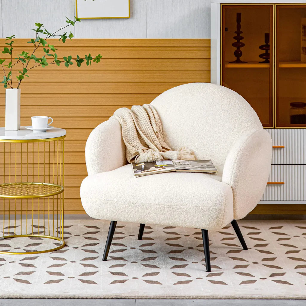 Fauteuil Blanc Moderne en Tissu Teddy avec Pieds Métal Noir - Confort et Style pour Salon