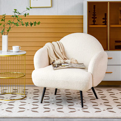 Fauteuil Blanc Moderne en Tissu Teddy avec Pieds Métal Noir - Confort et Style pour Salon