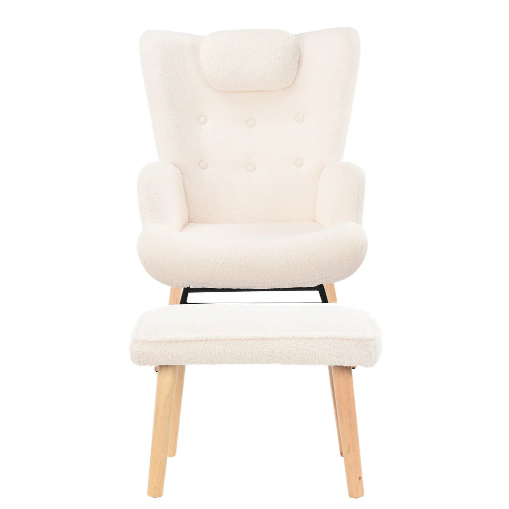 Fauteuil "Together" en tissu Teddy crème avec repose-pieds et poche latérale
