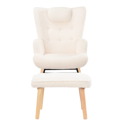 Fauteuil "Together" en tissu Teddy crème avec repose-pieds et poche latérale