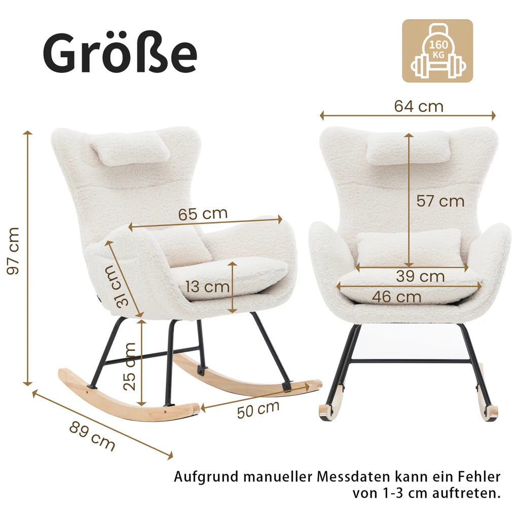 Fauteuil à bascule design en tissu teddy beige, avec repose-tête et coussin lombaire