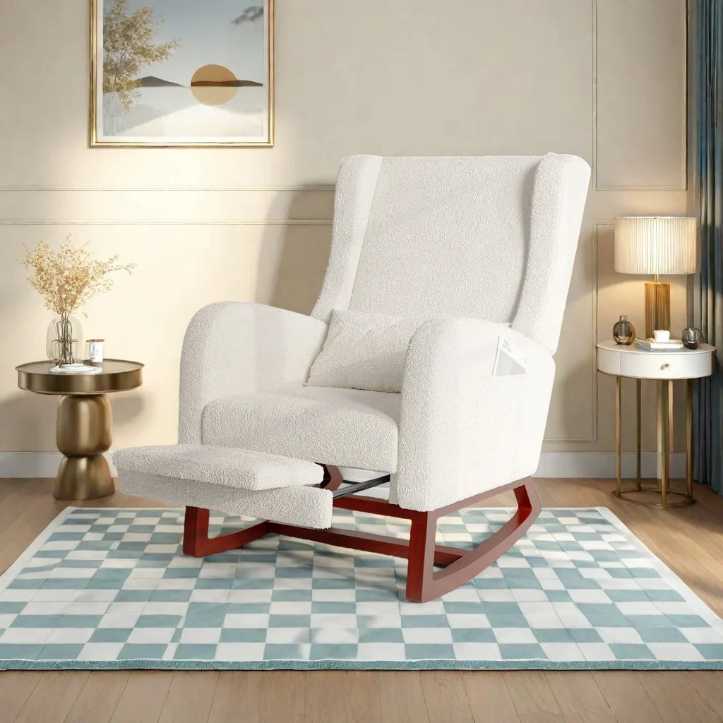 Fauteuil à Bascule Superaly en Velours Teddy Blanc avec Repose-Pieds et Coussin Lombaire