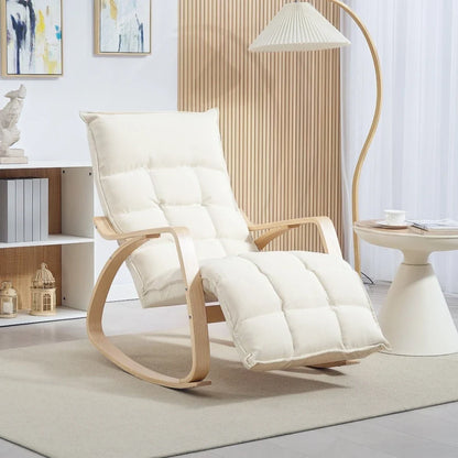 Fauteuil à bascule confortable en lin, avec repose-pieds réglable, pour salon et chambre, blanc crème