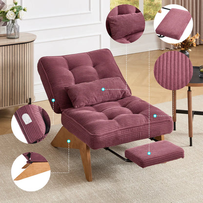 Fauteuil Lounge Côtelé Moderne avec Repose-pieds et Coussin Lombaire - Bois Massif