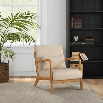 Fauteuil Lounge en Bois d'Hévéa et Velours Beige - Confort et Design Zen (61x78x76cm)