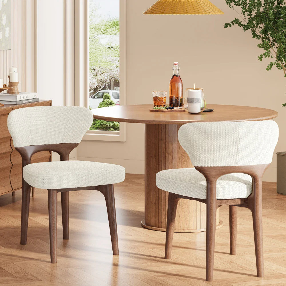 Lot de 2 Fauteuils de Salle à Manger en Bois Massif, Assise Confortable en Tissu Chenillé, Style Moderne Beige Clair