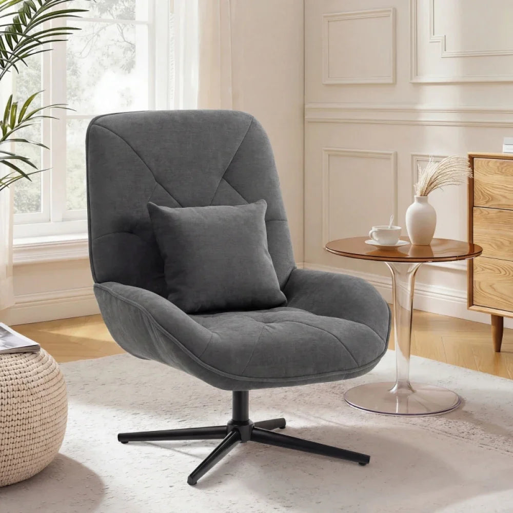 Fauteuil d'appoint pivotant en chenille gris foncé avec coussin lombaire