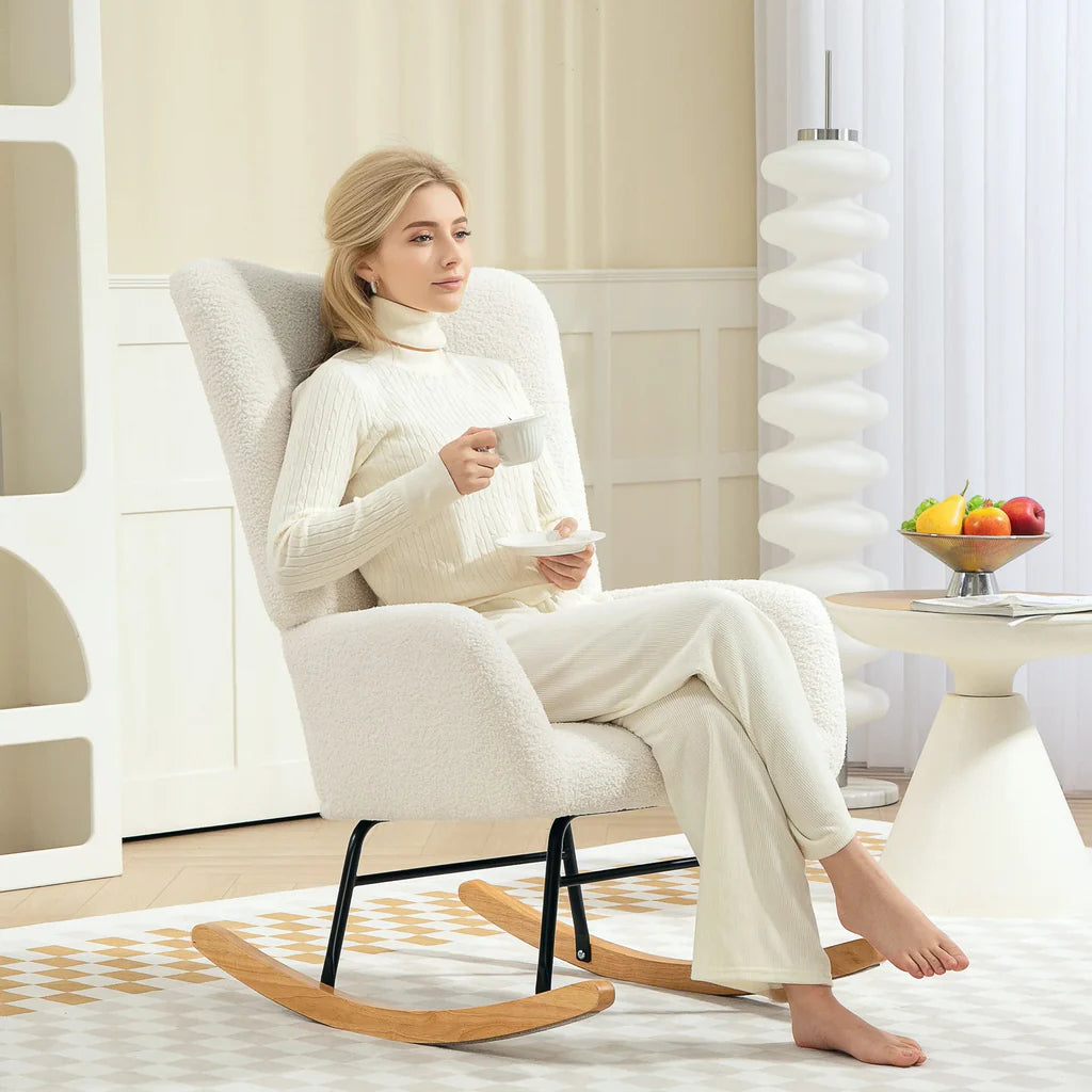 HOMCOM Fauteuil à Bascule Moderne en Laine Bouclée Crème - Confort & Design pour Salon