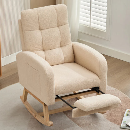 Fauteuil à bascule HOUSE SPOLE en Velours Teddy avec support de jambe caché et accoudoirs - Beige