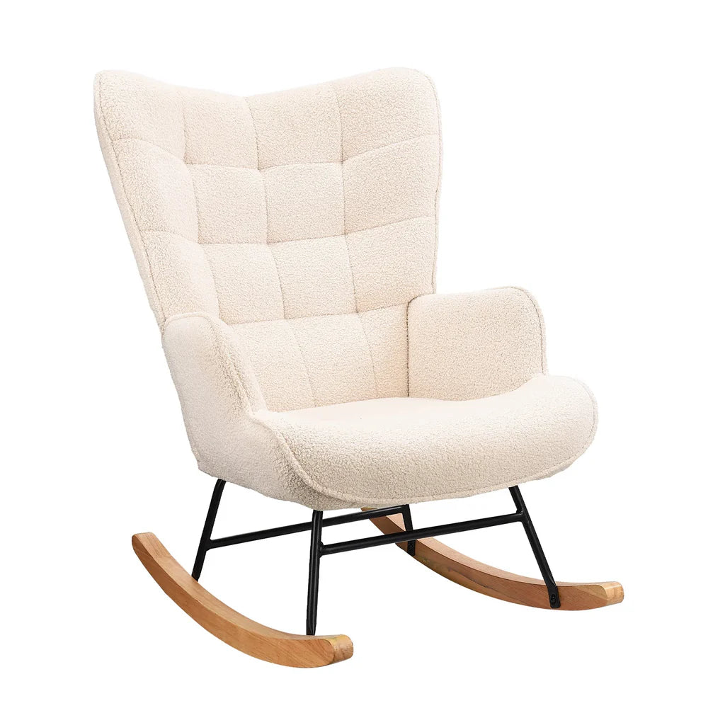 Fauteuil à bascule Superaly en velours Teddy beige, style moderne pour salon et chambre