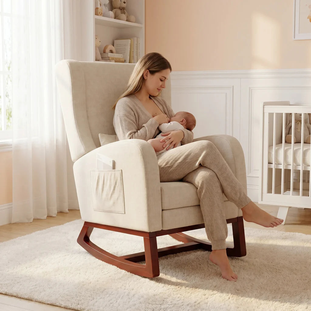 Fauteuil à Bascule Superaly Confortable avec Repose-pieds et Poches Latérales - Beige