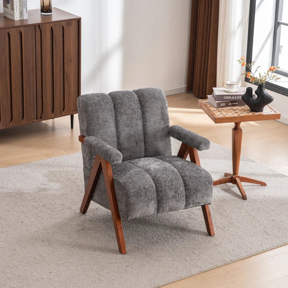 Fauteuil Bouclé Gris avec Pieds en Bois Massif - Style Moderne
