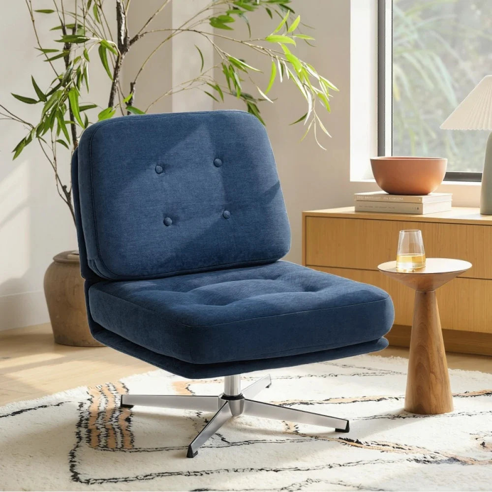 Fauteuil d'appoint bleu en velours côtelé avec assise large et rotation 360°