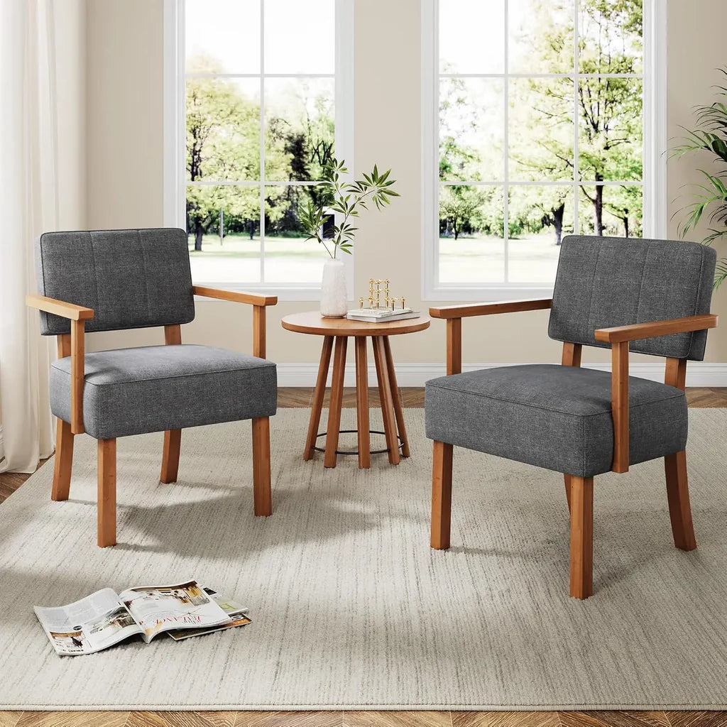 Lot de 2 Fauteuils Mid-Century Gris en Lin et Bois, Style Rétro pour Salon et Chambre
