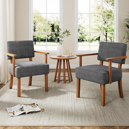 Lot de 2 Fauteuils Mid-Century Gris en Lin et Bois, Style Rétro pour Salon et Chambre