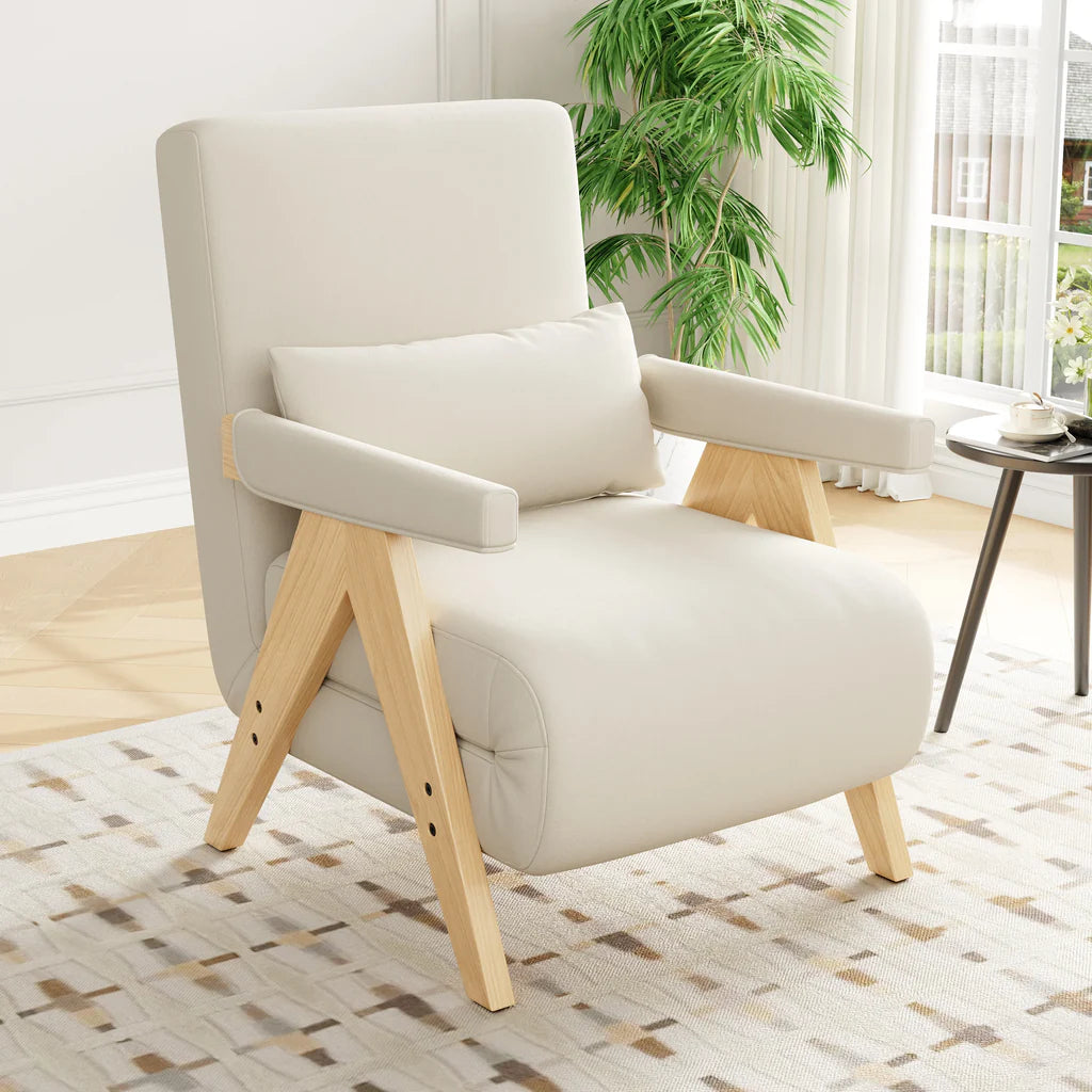 Fauteuil Convertible 3-en-1 en Lin Beige - Dossier Réglable 6 Positions, Coussin Inclus - MODFU 87x64x60cm