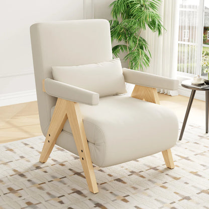 Fauteuil Convertible 3-en-1 en Lin Beige - Dossier Réglable 6 Positions, Coussin Inclus - MODFU 87x64x60cm
