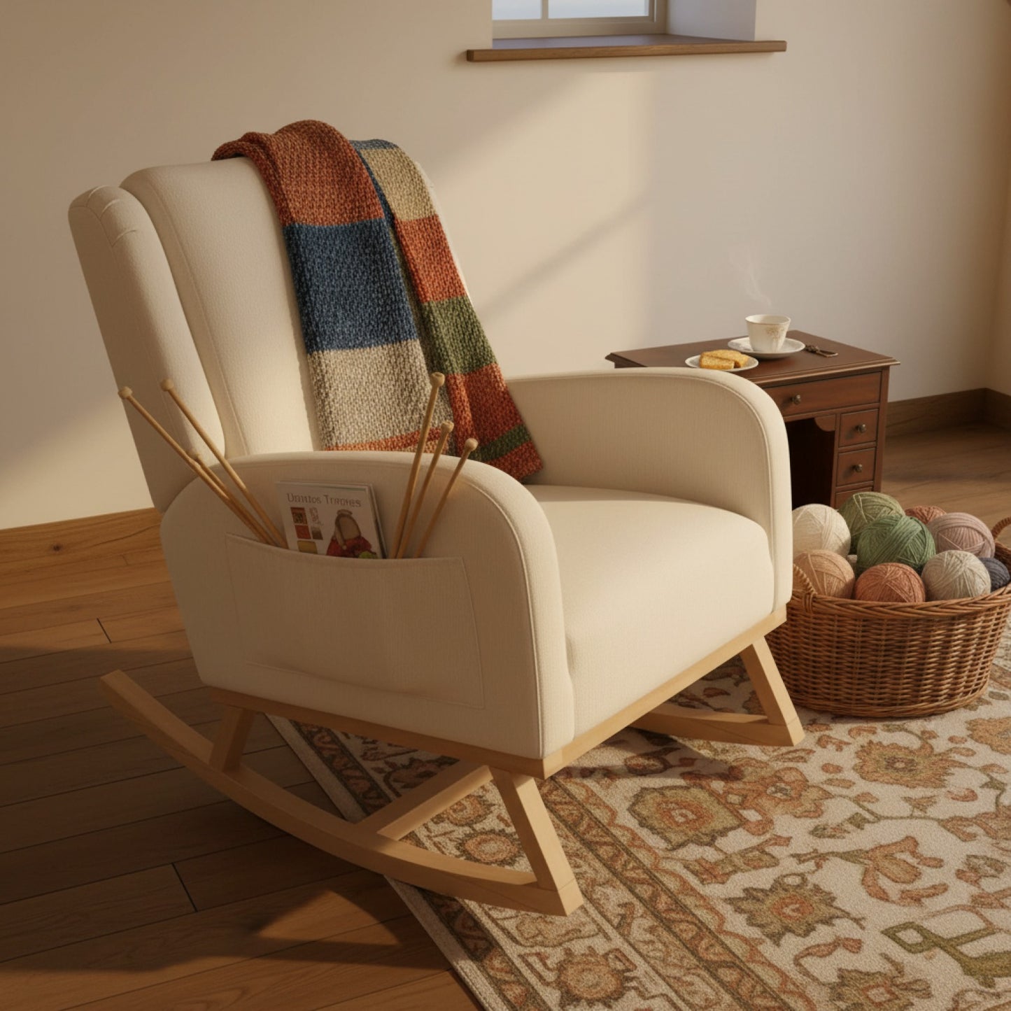 Fauteuil à bascule confortable en tissu beige avec pieds en bois massif