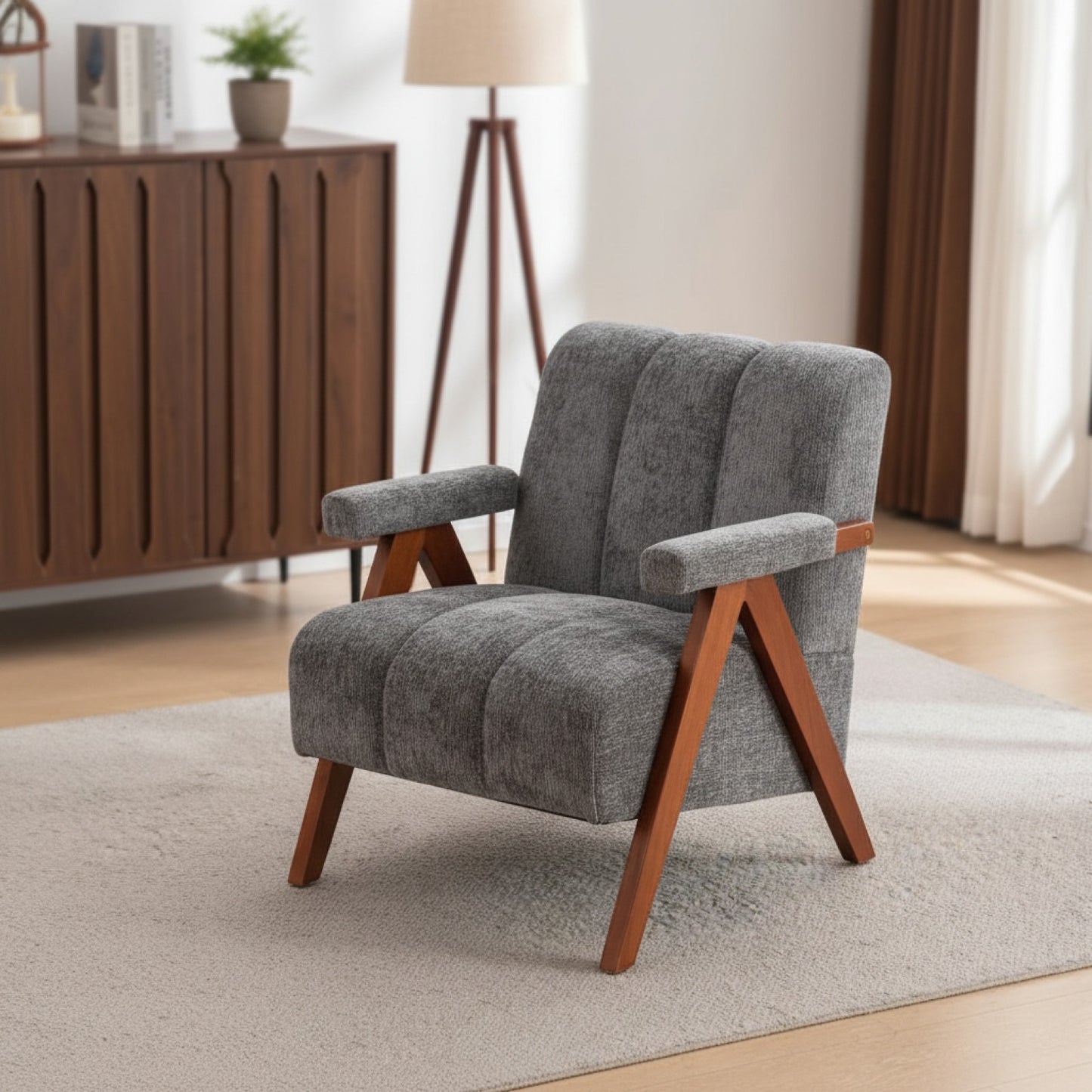Fauteuil Bouclé Gris avec Pieds en Bois Massif - Style Moderne