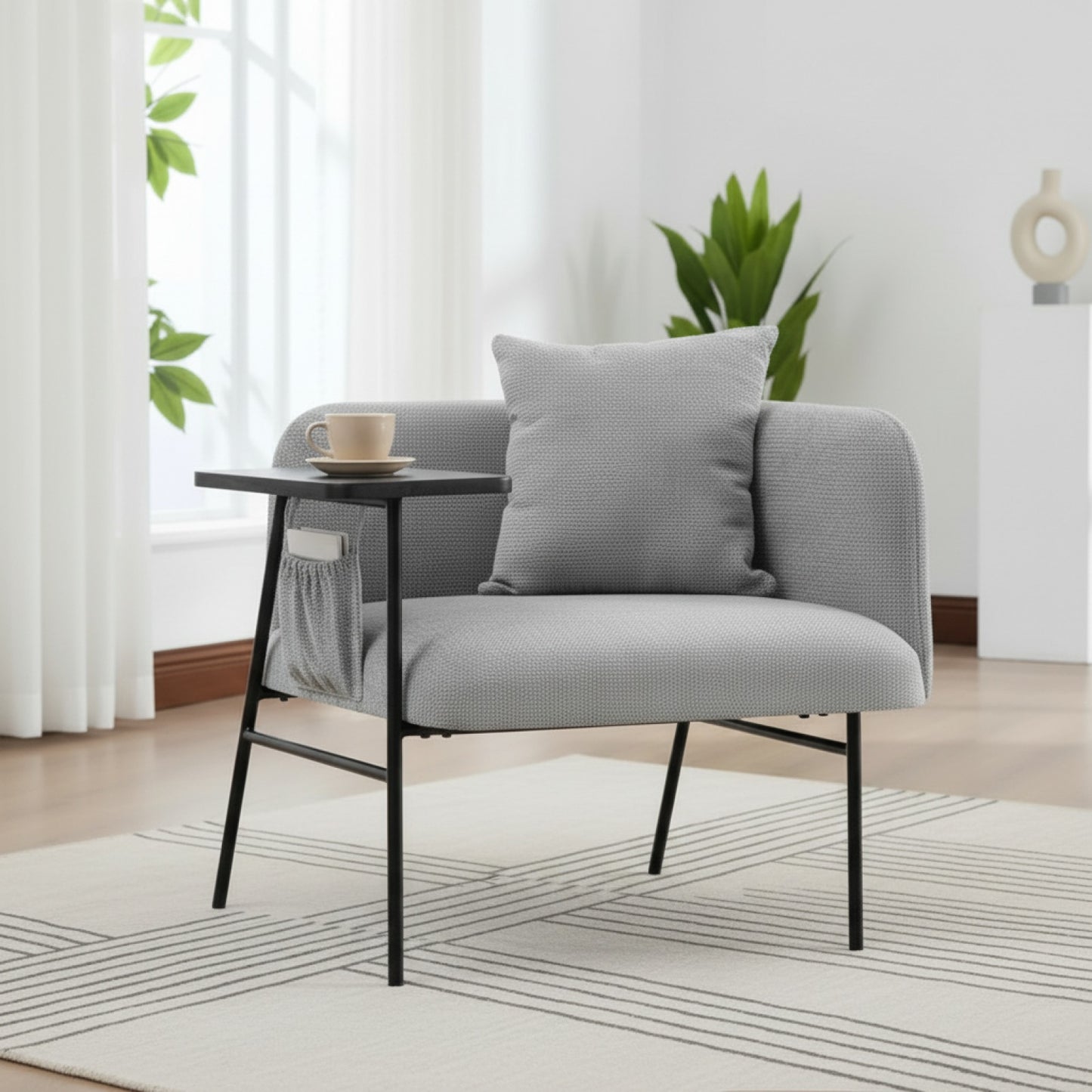 Fauteuil Moderne Gris Clair avec Table d'appoint intégrée et Poches de Rangement