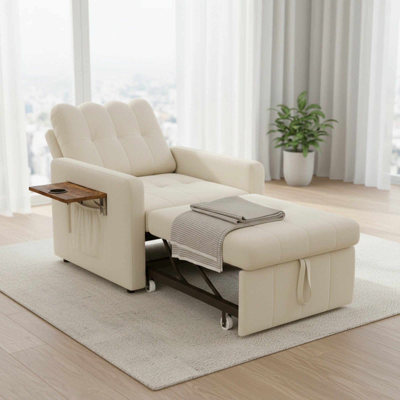Fauteuil Convertible 3-en-1 Fangange : Lit d'appoint, Siège Ajustable avec Poche Latérale et Table Pliante