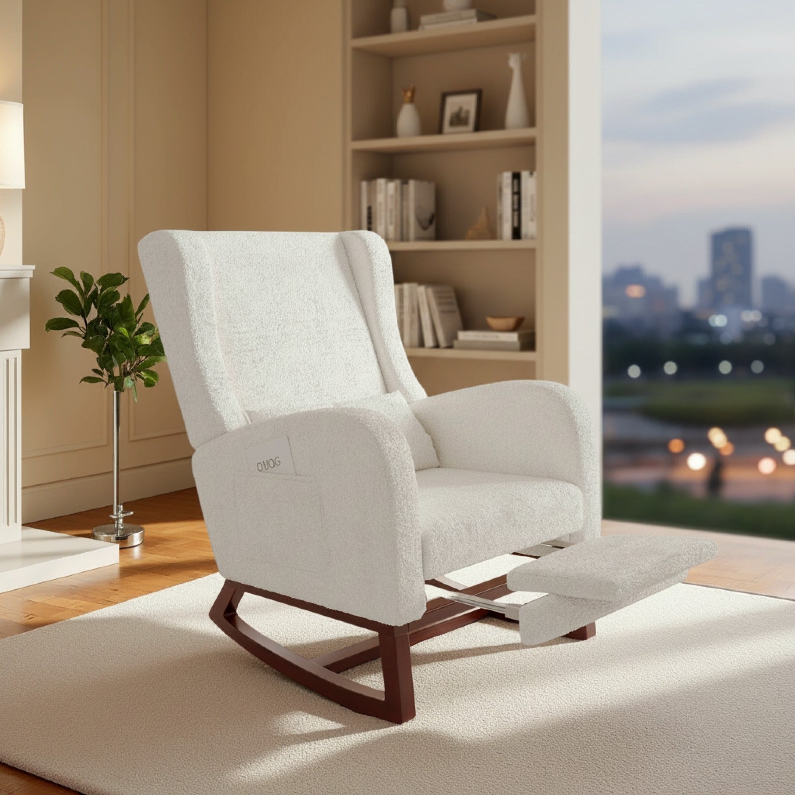 Fauteuil à Bascule Superaly en Velours Teddy Blanc avec Repose-Pieds et Coussin Lombaire