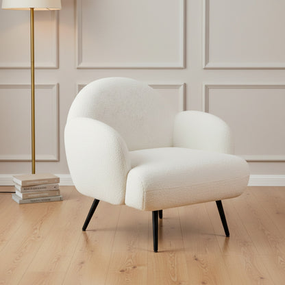 Fauteuil Blanc Moderne en Tissu Teddy avec Pieds Métal Noir - Confort et Style pour Salon