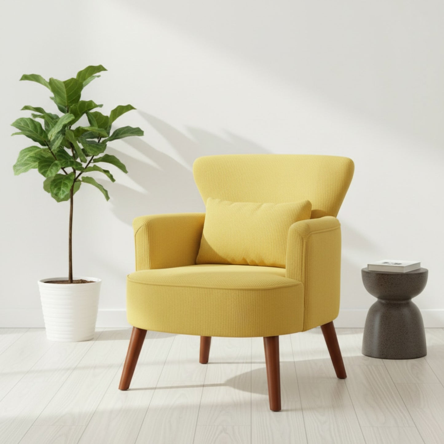 Fauteuil Moderne Jaune Rembourré avec Coussin Lombaire et Pieds en Bois