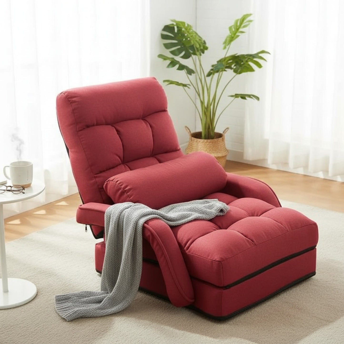 Fauteuil Pliant Lazy Rouge avec Accoudoirs et Coussin - Confortable et Pratique