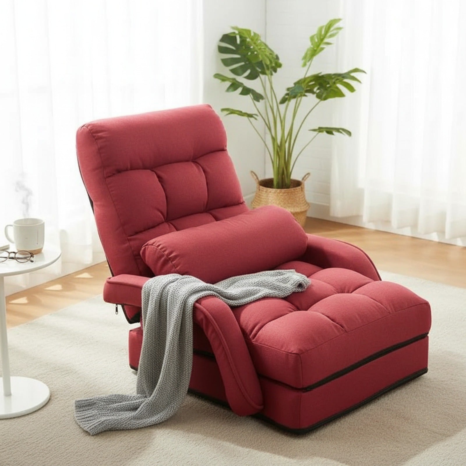 Fauteuil Pliant Lazy Rouge avec Accoudoirs et Coussin - Confortable et Pratique