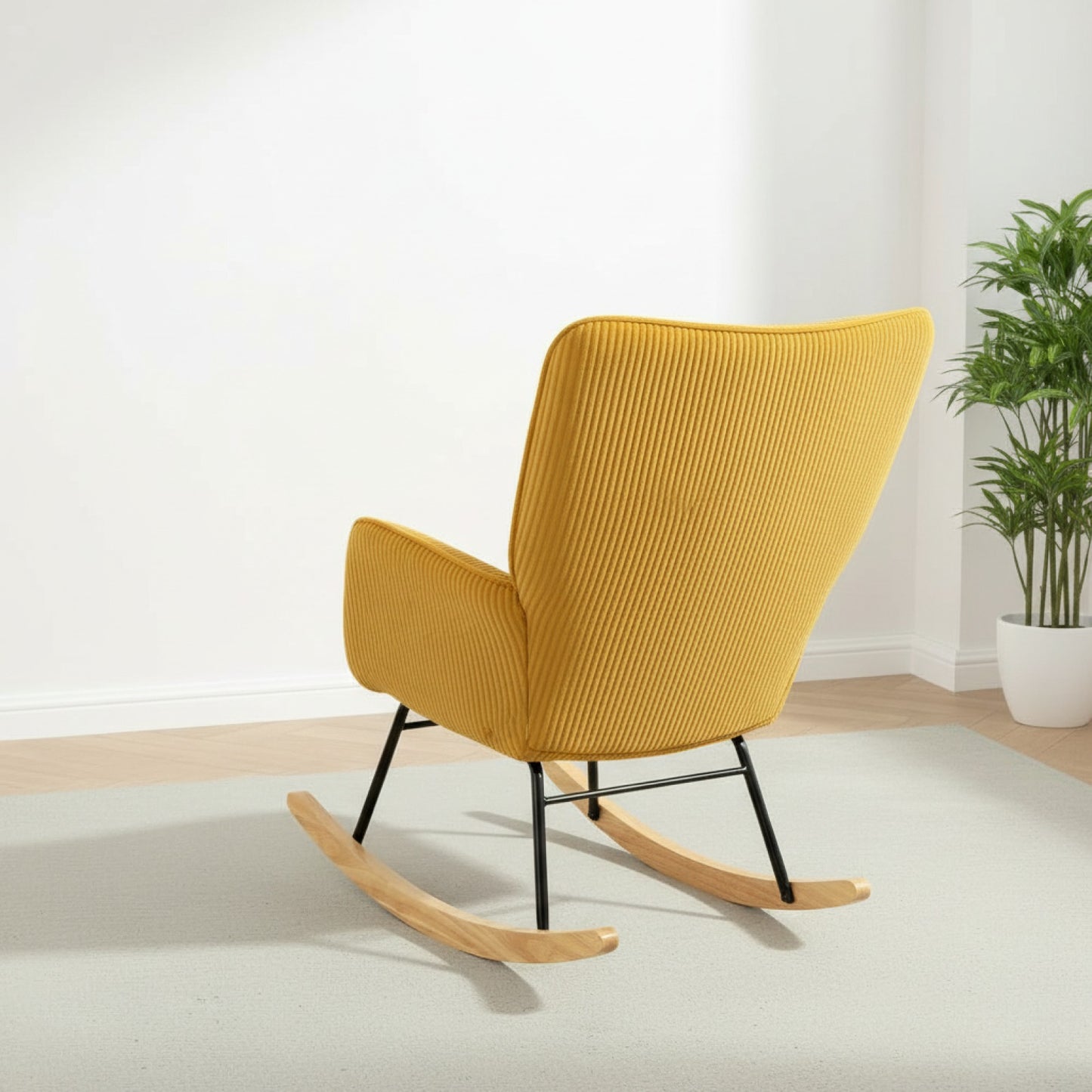 Fauteuil à Bascule Jaune Confortable avec Accoudoirs et Pieds en Bois