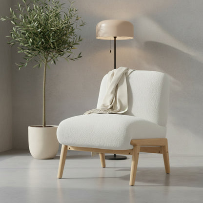 Fauteuil Lounge Scandinave en Velours Chenille Ivoire - Pieds Bois Massif