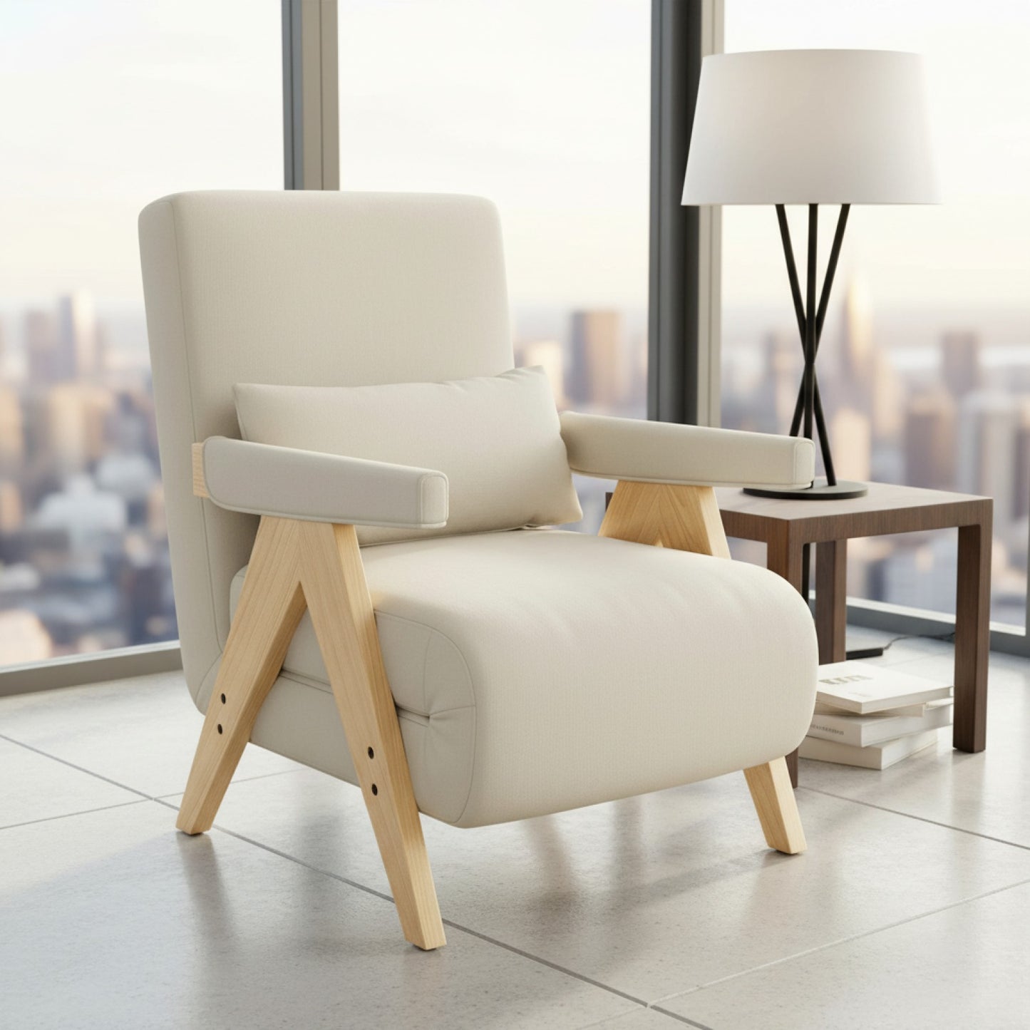 Fauteuil Convertible 3-en-1 en Lin Beige - Dossier Réglable 6 Positions, Coussin Inclus - MODFU 87x64x60cm
