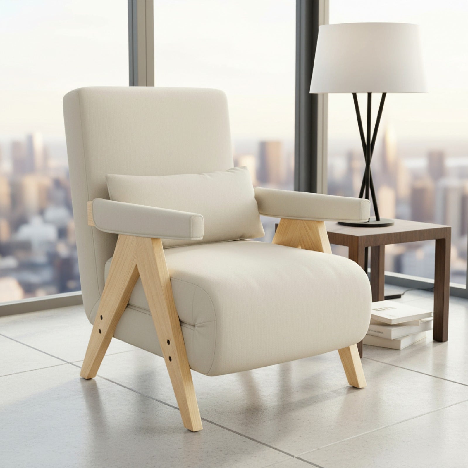 Fauteuil Convertible 3-en-1 en Lin Beige - Dossier Réglable 6 Positions, Coussin Inclus - MODFU 87x64x60cm