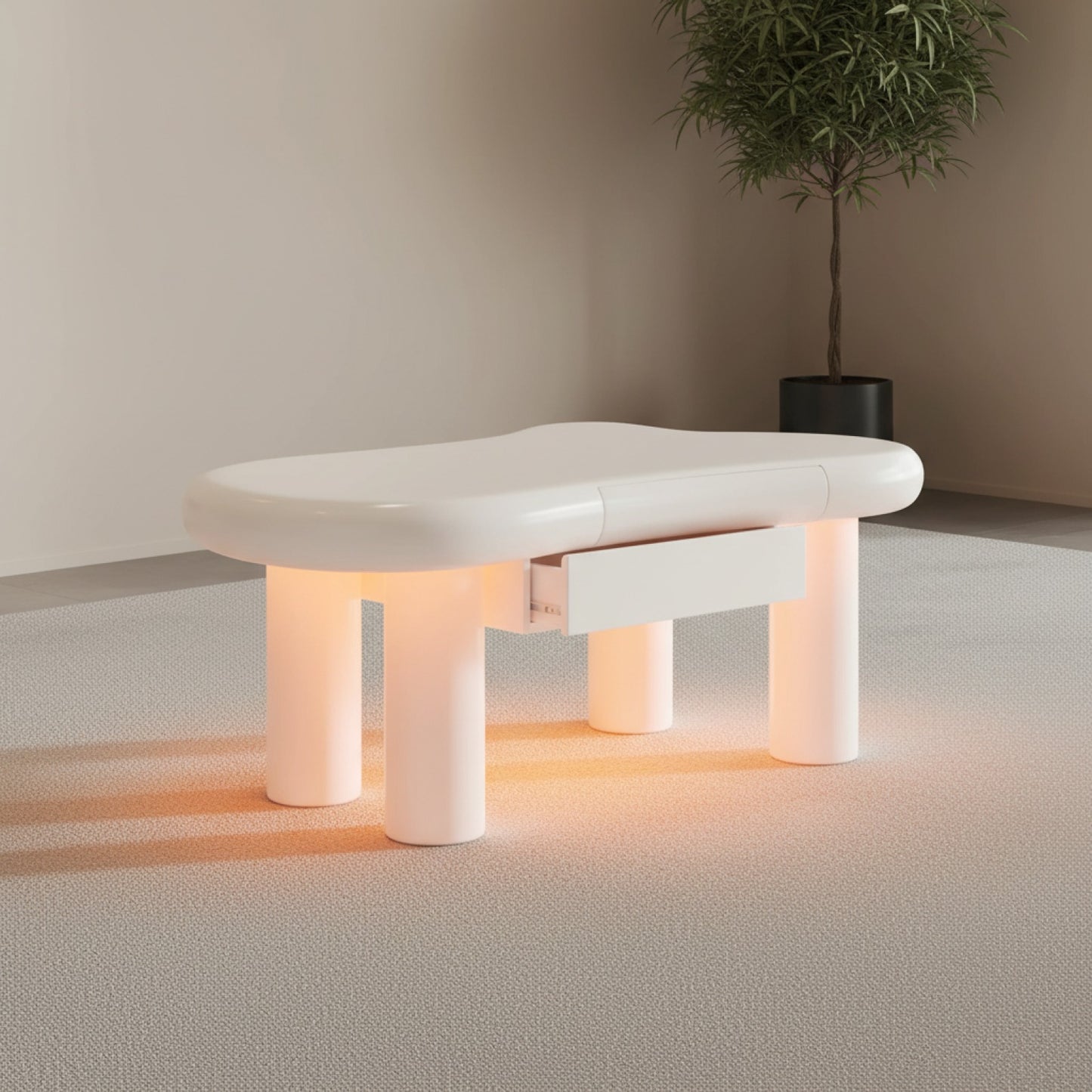 Table Basse Nuage Design Scandinave avec LED 16 Couleurs et Tiroir Rangement Blanc