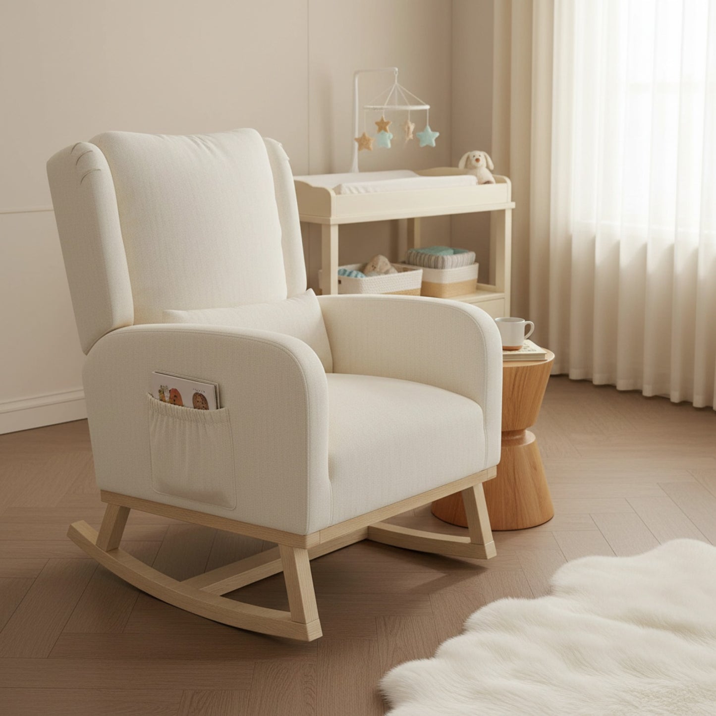 Fauteuil d'allaitement Comanlai en lin, confortable avec coussin lombaire et poches latérales
