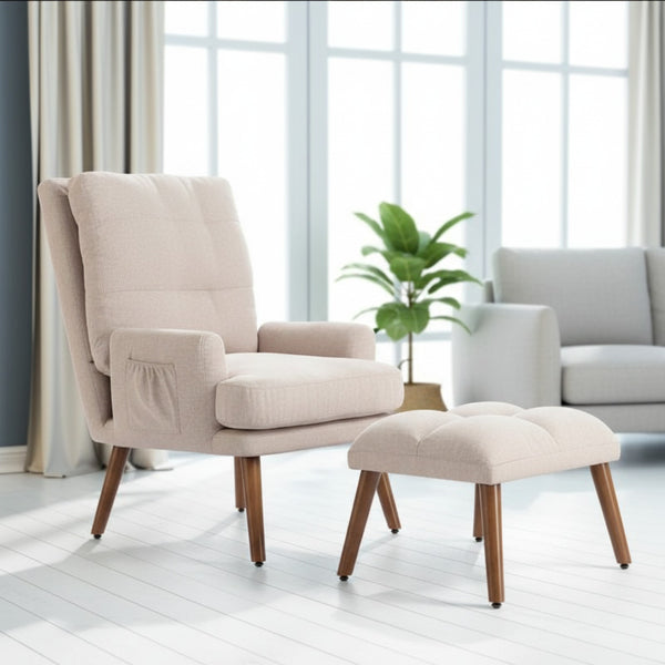 Fauteuil Lounge Confortable avec Repose-Pieds et Poche Latérale - Design Moderne, Bois Massif