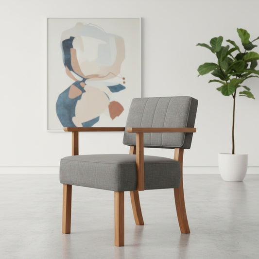 Lot de 2 Fauteuils Mid-Century Gris en Lin et Bois, Style Rétro pour Salon et Chambre