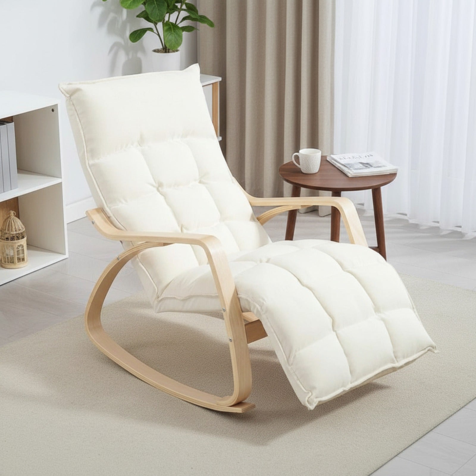 Fauteuil à bascule confortable en lin, avec repose-pieds réglable, pour salon et chambre, blanc crème