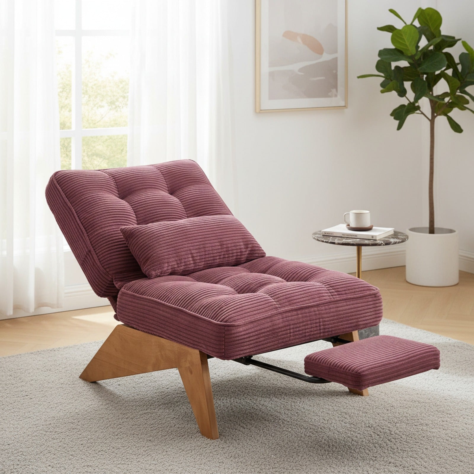 Fauteuil Lounge Côtelé Moderne avec Repose-pieds et Coussin Lombaire - Bois Massif