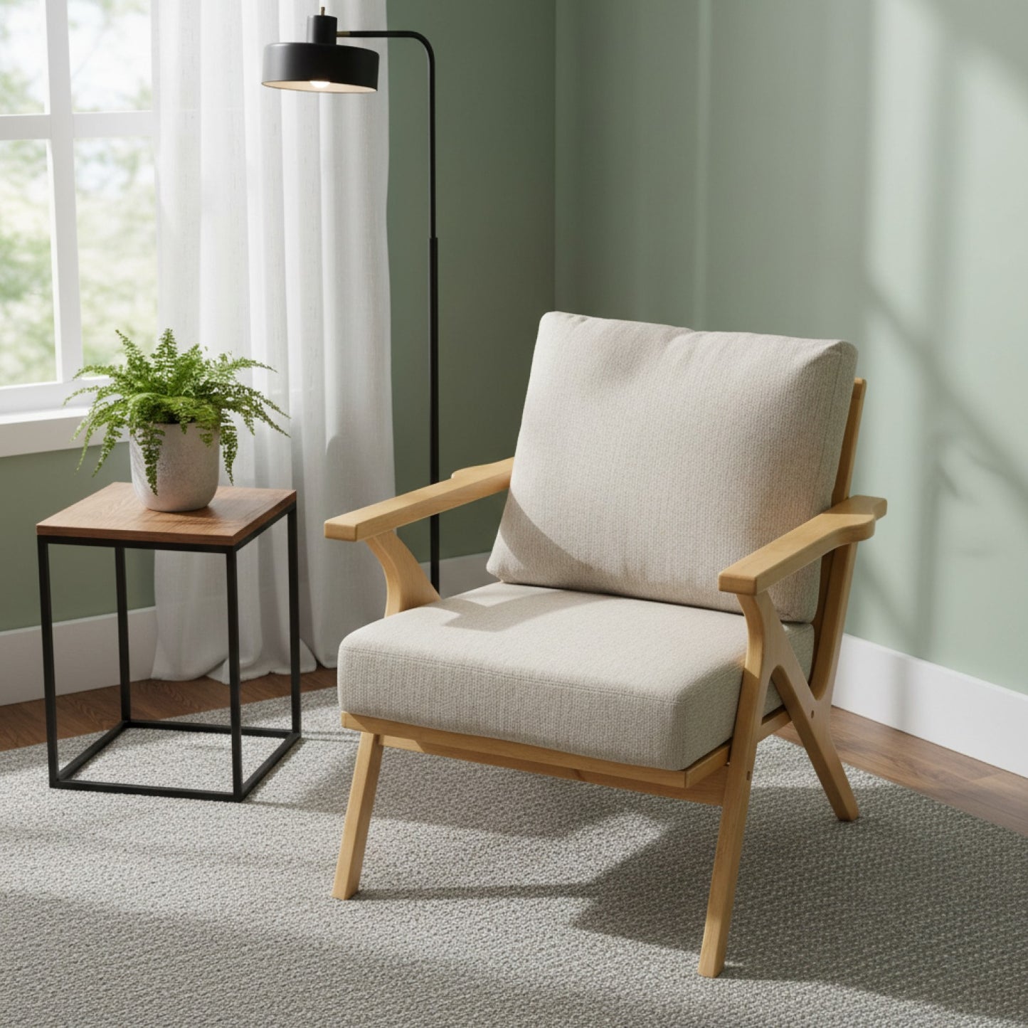 Fauteuil Scandinave HOMCOM en Tissu Beige avec Coussin Épais et Pieds en Hévéa