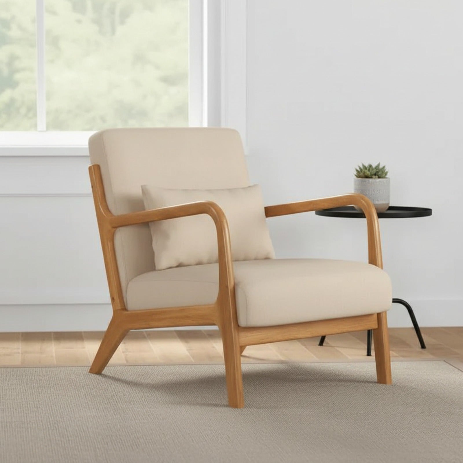 Fauteuil Lounge en Bois d'Hévéa et Velours Beige - Confort et Design Zen (61x78x76cm)