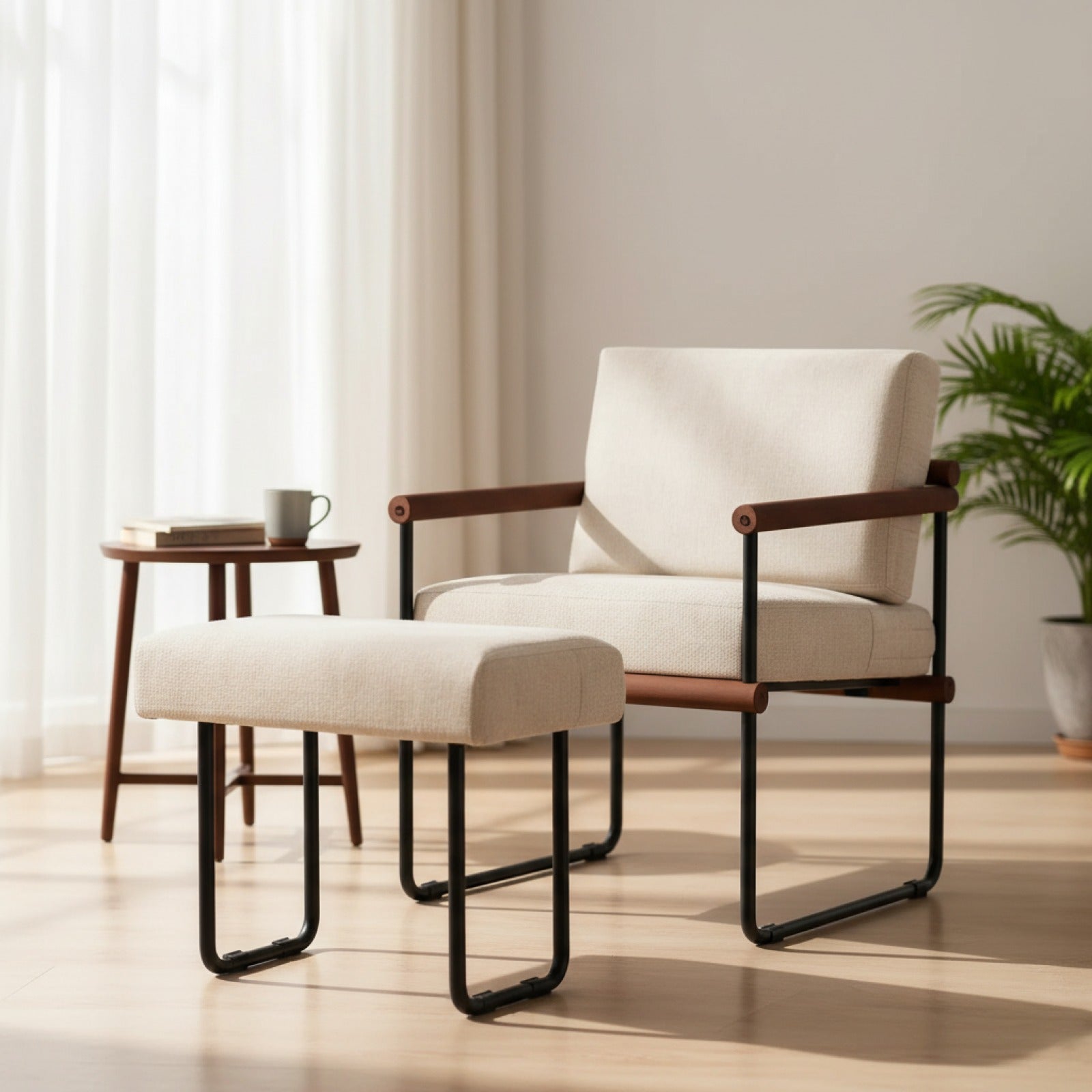 Fauteuil Moderne en Métal avec Coussin Confortable en Coton Lin