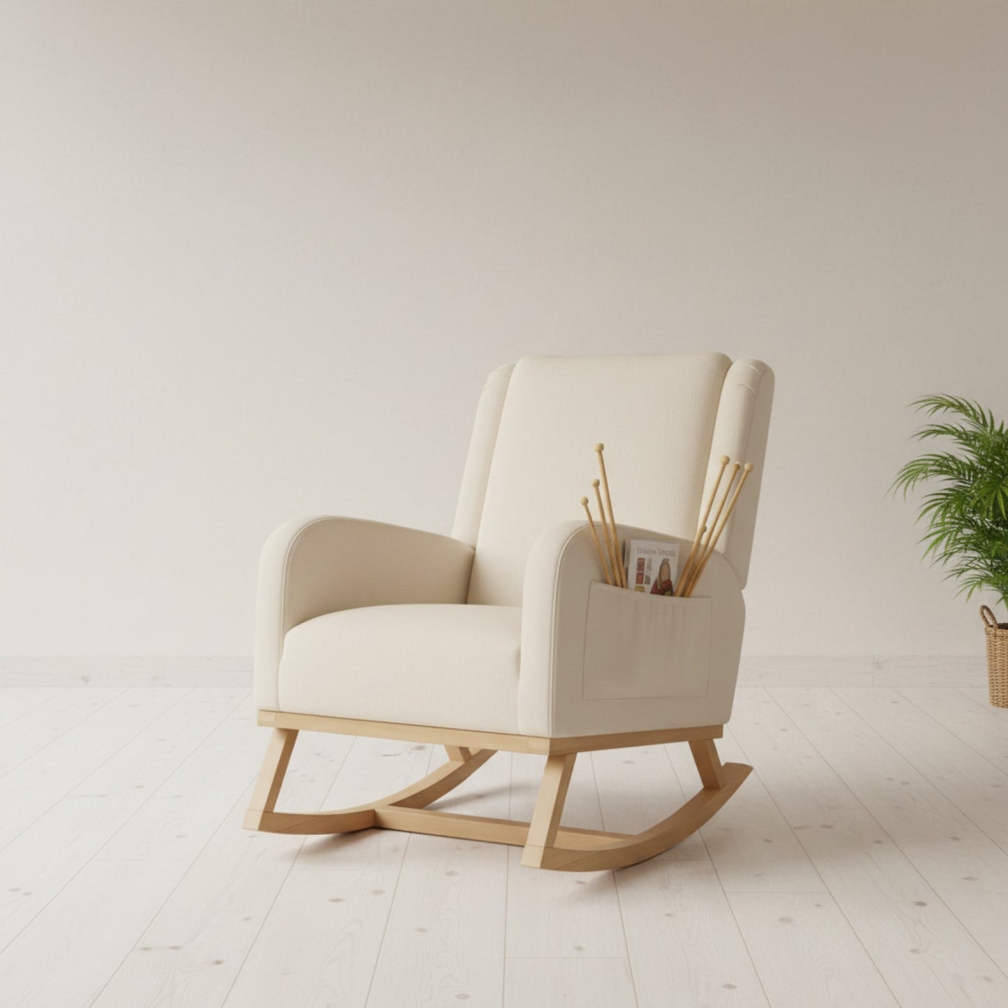Fauteuil à bascule confortable en tissu beige avec pieds en bois massif