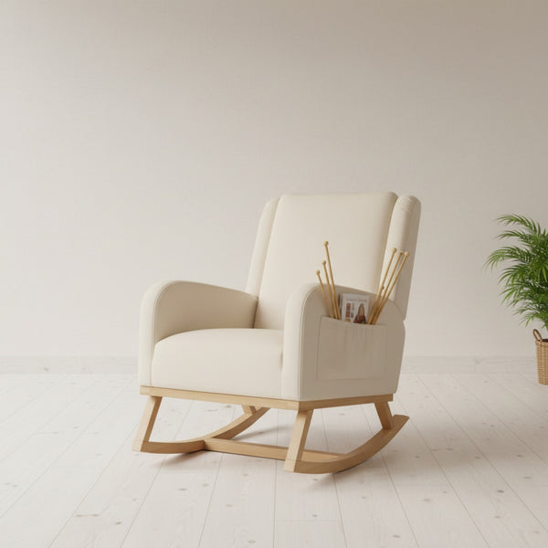 Fauteuil à bascule confortable en tissu beige avec pieds en bois massif