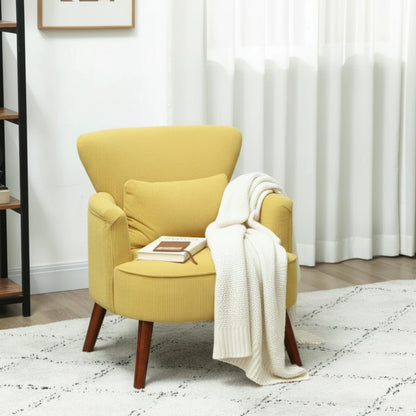 Fauteuil Moderne Jaune Rembourré avec Coussin Lombaire et Pieds en Bois