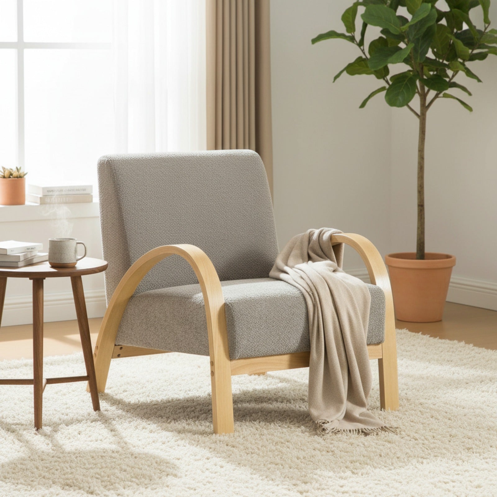 Fauteuil Lounge Scandinave en Velours Chenille avec Pieds en Bois Massif - Confort Moderne pour Salon & Chambre